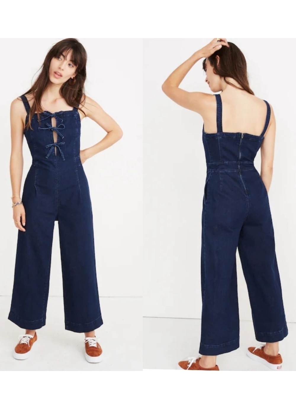Madewell Dark Indigo Denim Wide-Leg Overalls with Front Lace-Up